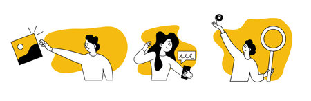 Outsourcing idea set vector illustration concept. Corporate work online and strategy marketing network. Process telework and brainstorm worker. Human communication and development outsourceのイラスト素材