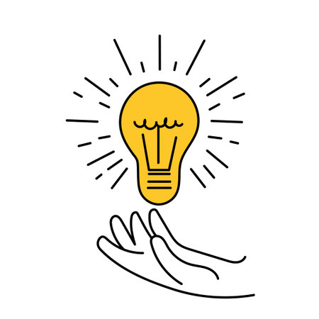 Bright lamp above the palm. Ideas, lateral thinking, imagination, solution and brainstorming. Thin line vector illustration isolated on white background.のイラスト素材