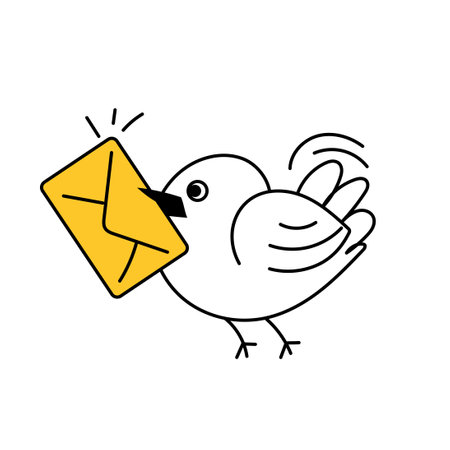 The bird carries an envelope. Chat, contacts, messages. Thin line cute vector illustration isolated on white backgroundのイラスト素材