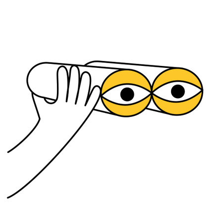 Man hand is holding binoculars. The concept of new research, knowledge and research. Thin line vector illustration on whiteのイラスト素材