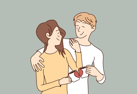 Happy family hugging and smiling together and drinking coffee from mugs with hearts. Man and woman enjoy each other. Vector illustration.のイラスト素材