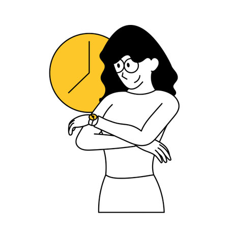 The woman looks at her watch. Terms of work, deadline, time is running. Thin line hand drawn elegant vector illustration on white isolated backgroundのイラスト素材
