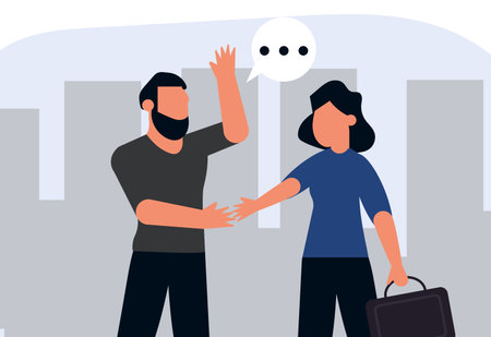 Business partners are discussing a business deal at a meeting. Man and woman in business. A man hires a woman to work. Vector illustration conceptのイラスト素材