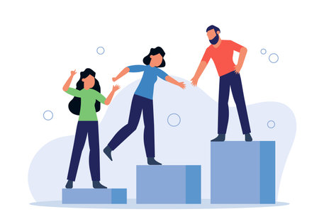 Teamwork in business. People walk and help each other overcome difficulties. Employees extend their hands and help to take a step. Vector illustrationのイラスト素材