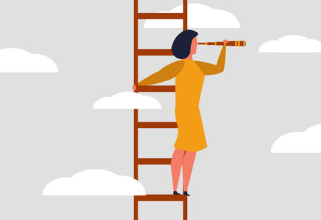 Career opportunities for women in business. A woman stands on the stairs and looks out of the telescope into the future. Search for goals and objectives, business leader woman. Vector illustrationのイラスト素材
