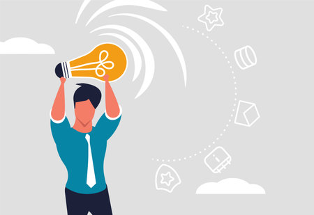 Male analyst analyzes data, company business analyst. Data analysis for making successful decisions. A business man holds a light bulb and receives data and information. Vector illustration.のイラスト素材