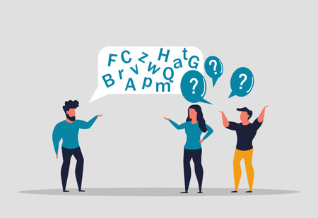 Communicating in complex jargon, talking in technical language. Difficult to understand conversation, conversation on professional topic. People do not understand spoken language. Vector illustrationのイラスト素材