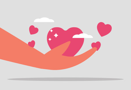 Gratitude and appreciation. Fan support, charity, donation. Help and volunteering concept. The hand holds the heart. Vector illustrationのイラスト素材