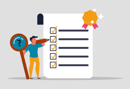 Task performance control and quality standard. List approval, compliance. Performance and quality assurance in company policy. The man is holding a magnifying glass and a pencil. Vector illustrationのイラスト素材