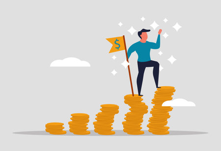 Financial success of a man and financial independence of people. Successful investment, businessman profit and bank savings. Man stands on charts from gold coins and holds a flag. Vector illustrationのイラスト素材