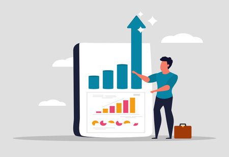 Business growth of the company, increase in income and return on investment. Sales growth and a successful businessman stands near the graph and looks at the up arrow. Vector illustrationのイラスト素材