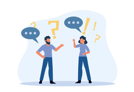 Business people social dialogue man and woman. Speech bubble chat goal discuss person vector illustration character concept cartoon. Communication talk background. Group connection language bannerのイラスト素材