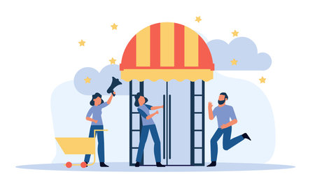 Shop store offer supermarket building vector illustration. Man and woman run to retail market banner. Discount special sale business promotion online. Poster big commercial deal concept serviceのイラスト素材