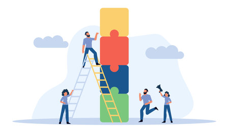 Business teamwork team vector concept illustration idea work. Success corporate background design cooperation partnership banner. Collaboration company group. Building puzzle connection unity page.のイラスト素材