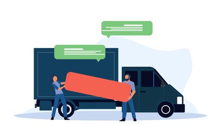 A male courier delivers goods around the city in a truck. Free shipping vector illustration