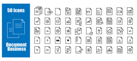 Set business document vector icon. Lined file and web doc for office. Folder symbol illustration and format pictogram report black image. Computer doc paper flat outlineのイラスト素材