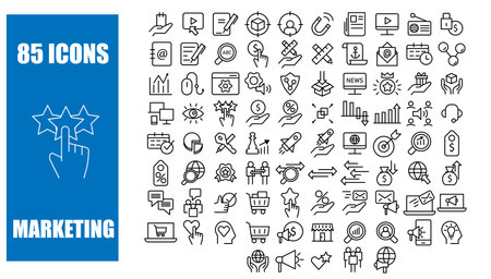 Marketing vector line icon set business illustration. Technology web symbol and social strategy communication media. Commerce service analysis management market researchのイラスト素材