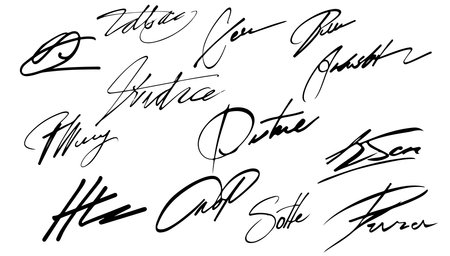 Collection of vector signatures fictitious Autograph illustration. Contract document handwriting scribble pen and agreement sign doodle. Elegance signing text sketch fake and perfectionのイラスト素材