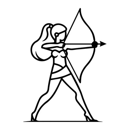 Archer Woman logo or modern line icon. Vector line art and icon design with bold outline. Black and white Pixel Perfect minimalistic symbol isolate white background. Creative logotypeのイラスト素材
