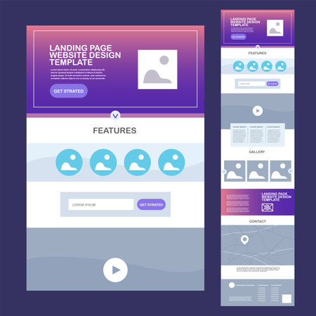 Website landing template page with a features section and a form for contact information. Design set flat element minimalist style vector illustrationのイラスト素材