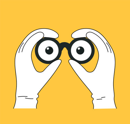Cartoon hand holding binoculars, explore person point or look forward character. Vision gesture eyes with fingersのイラスト素材