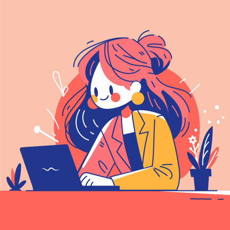 A simple flat illustration of a woman typing on a laptop at her desk. The design captures a modern workspace vibe, ideal for themes of productivity, remote work, and technology.のイラスト素材