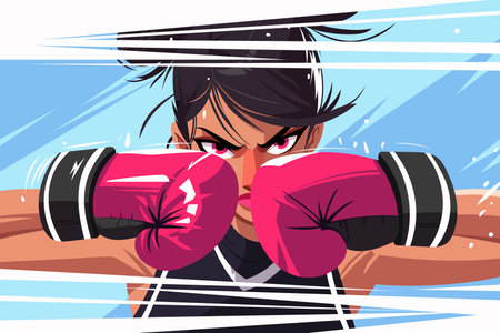 Dynamic vector illustration of a female boxer ready to fight, showcasing strength and determination. Perfect for sports, fitness, and empowerment themes. Ideal for promotional materials and articles.のイラスト素材