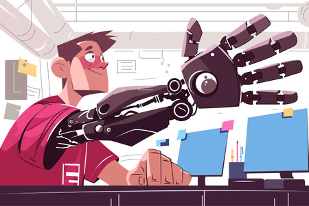 A young tech enthusiast works at a desk with a futuristic robotic arm. The vibrant vector illustration conveys innovation and creativity in a modern workspace, perfect for technology-themed projects.のイラスト素材