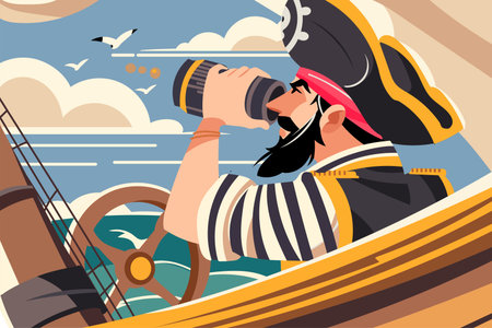 Cartoon pirate captain with a beard looking through a spyglass while steering a ship, seagulls flying in the sky. Colorful vector illustration, nautical adventure, sea voyage concept.のイラスト素材