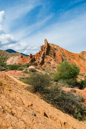 Colorful rock formations in Fairy tale canyon located on southern shore of Issyk-Kul lake, Kyrgyzstanのeditorial素材