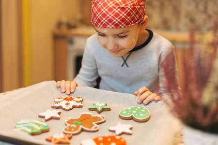 Smiling boy anticipating how tasty are fresh baked Christmas biscuits. Child looking to colorful cookies on baking tray. Cute boy chef enjoying perfect taste of fresh baked Christmas cookies.の写真素材