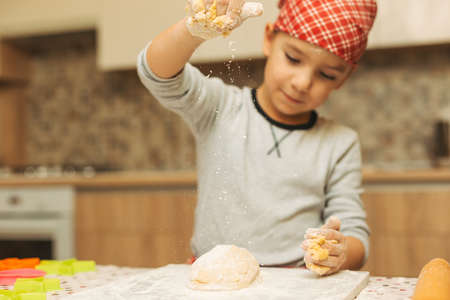 Cheerful boy making dough for biscuits. A boy pouring dough with flour.の写真素材