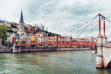 Lyon, France - May 10, 2019. Lyon cityscape from Saone riverのeditorial素材