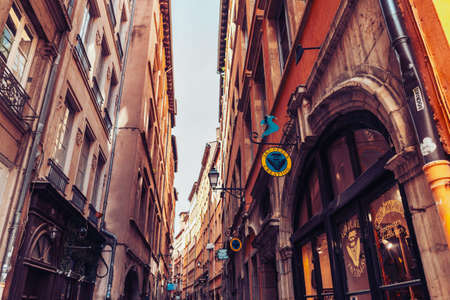 Lyon, France - May 7, 2019. Charming narrow street in the old center of Lyon, France