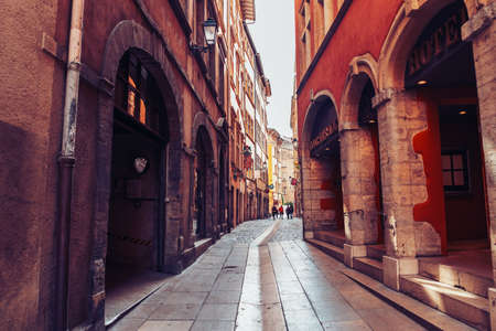 Lyon, France - May 7, 2019. Charming narrow street in the old center of Lyon, Franceのeditorial素材