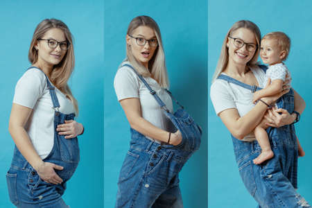 College beautiful woman before, during, after pregnancy on blue background wearing romper, white shirt, glasses.の写真素材