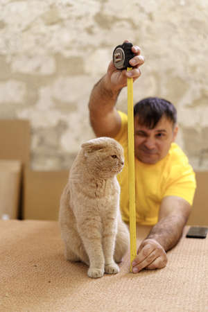 Sweet moments with domestic animals. Portrait of satisfied man measuring his cute cat on carpentery table, enjoys a good time with loyal pet, wears casual yellow t-shirtの写真素材