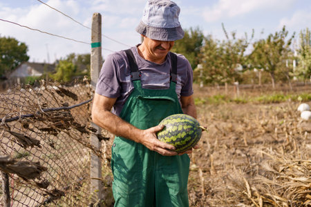 A satisfied farmer holding a grown watermelon. Harvesting watermelons in the fieldの写真素材