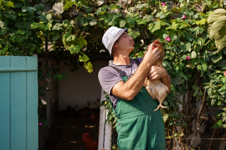 Portrait of happy caucasian farmer holding a brown hen outdoor. Smiling mature man with chicken in hand with copy space.の写真素材