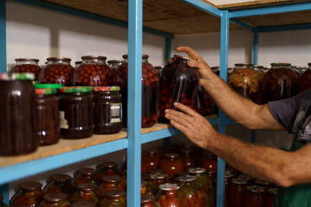 Man satisfied with the result of his work. He holds a glass jar with cherries compote.の写真素材