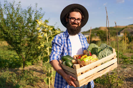 Farmer holds a wooden box with fresh veggies while walking in to his garden. Getting Ready for organic eco deliveryの写真素材