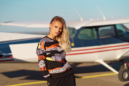 Young woman model with a modern haircut and fashionable sunglasses posing near a red plane wearing...