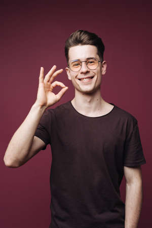 Image of satisfied smiling man in brown t-shirt, showing ok sign in approval, recommend something...