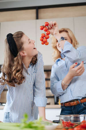Mom and daughter cooking together in the kitchen. They use vegetables for cooking in a good mood, happy to be togetherの写真素材