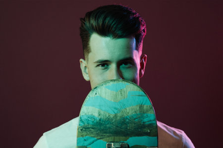 Portrait of young fashionable hipster man posing over crimson wall background splashed by neon lights. Caucasian male holding skateboard and smilingの写真素材