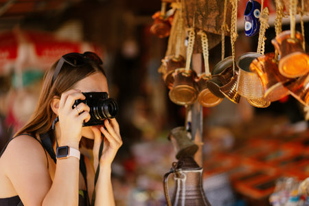 Woman tourist enjoying her journey, taking pictures sightseeing Turkeyの写真素材