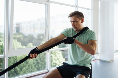 Caucasian blonde man training with rope in functional training fitness gym with big windows and a...