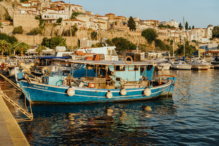 KAVALA, GREECE - July 7, 2022: Scenic seascape view. Wallpaper - Greece sea view with a boat...