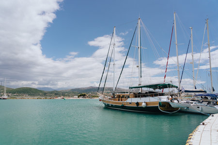 LEFKADA, GREECE - July 9, 2022: Popular Tourist destination. Bay with boats on Lefkada island.