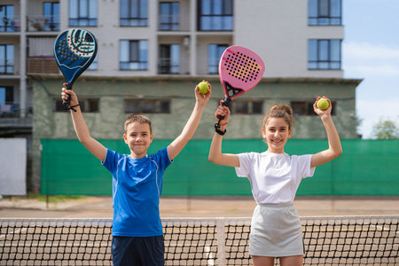 Kids and sports concept. Portrait of smiling boy and girl posing outdoor on padel court with rackets and tennis ballsの写真素材
